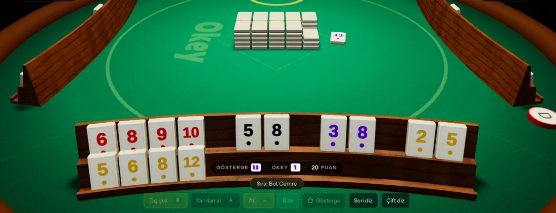 An online okey table on Boombala: wooden rack, tiles, indicator and okey