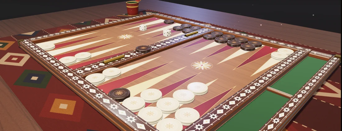 Sedef kakmalı 3D tavla tahtası, fildişi ve abanoz pullar, zar fincanı